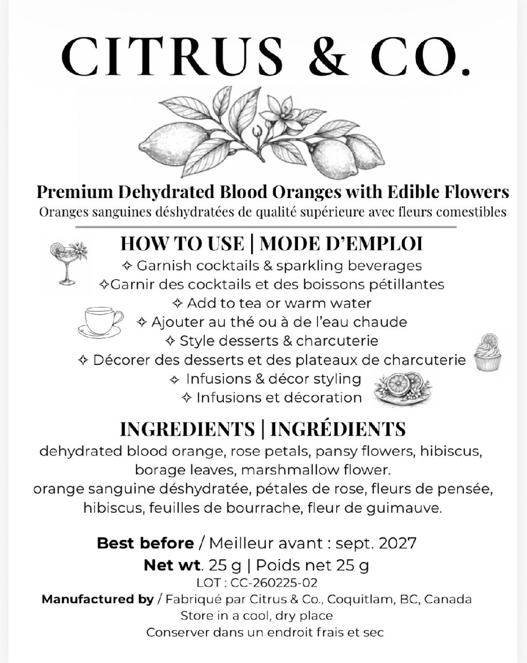 Luxury Dehydrated Blood Orange Garnish with Edible Flowers