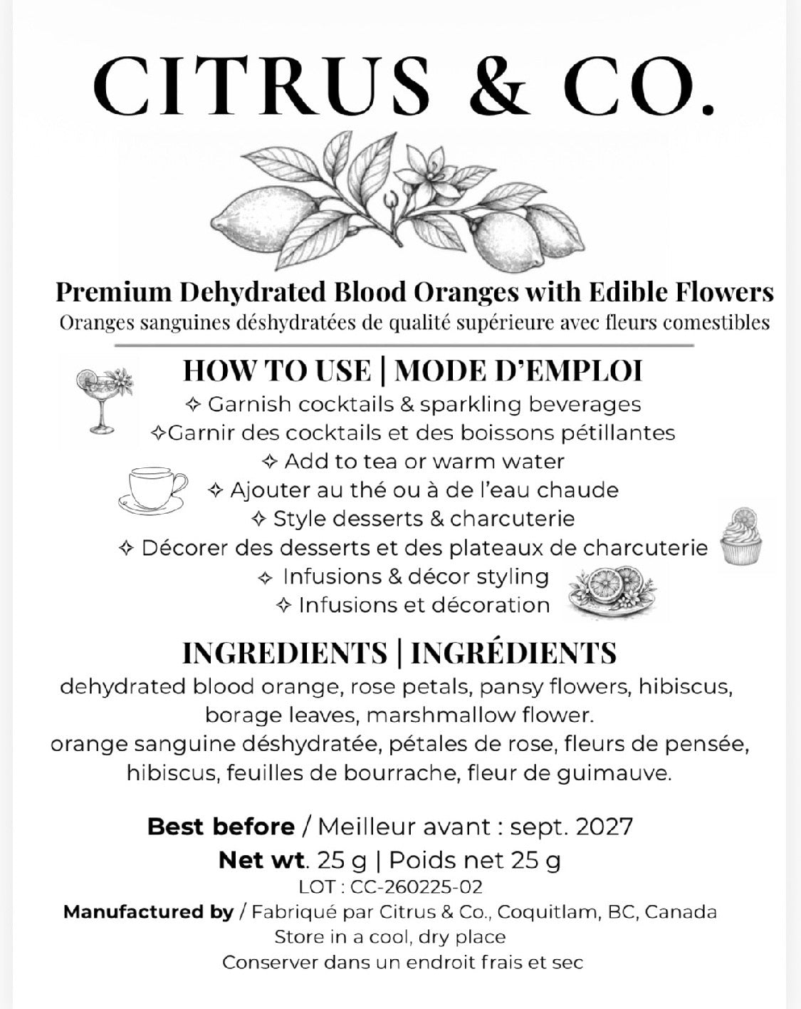 Luxury Dehydrated Blood Orange Garnish with Edible Flowers