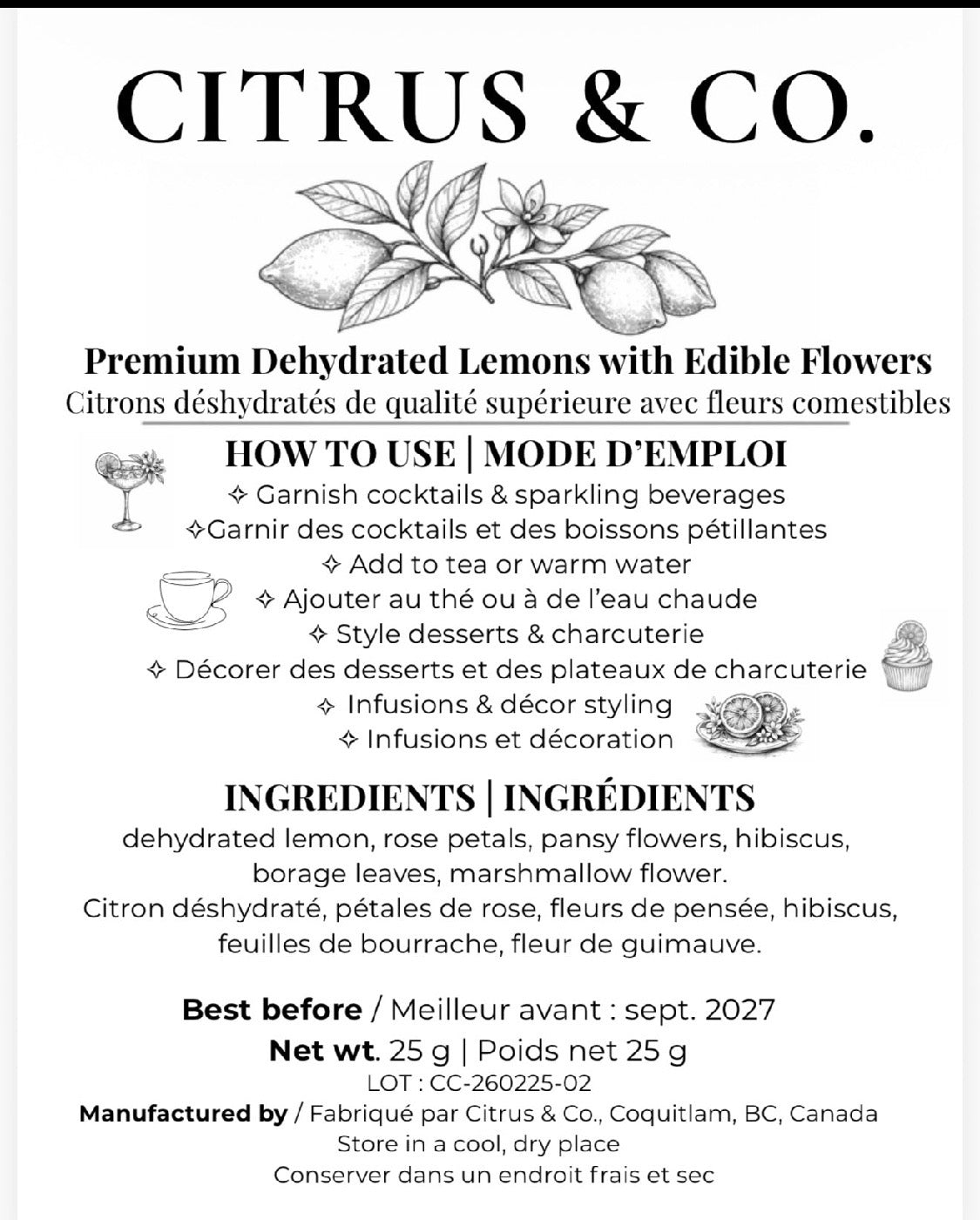 Luxury Dehydrated Lemon Garnish with Edible Flowers