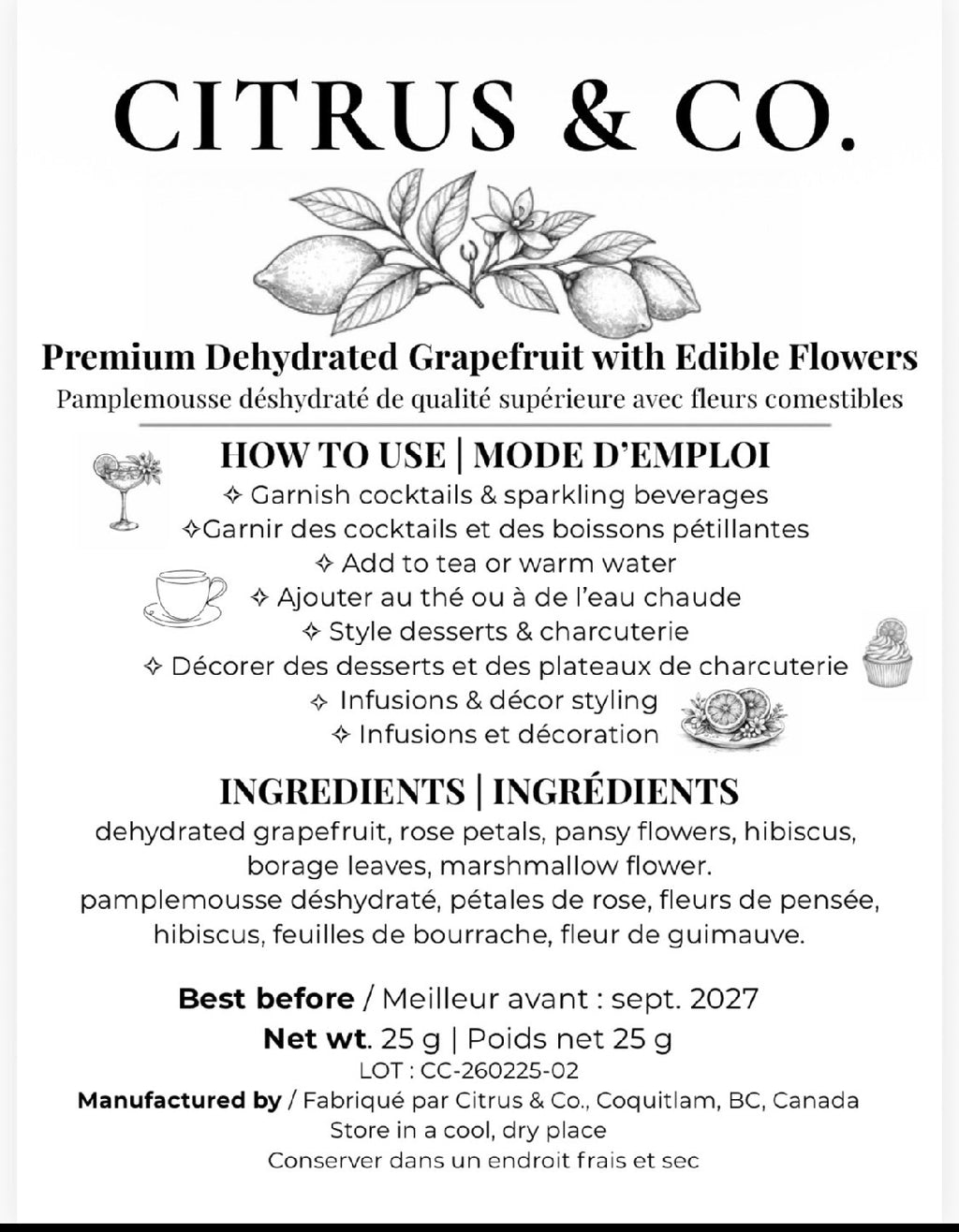 Luxury Dehydrated Grape Fruit  Garnish with Edible Flowers