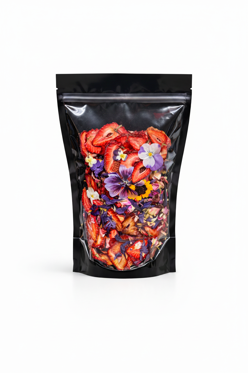Luxury Dehydrated Strawberry Garnish with Edible Flowers