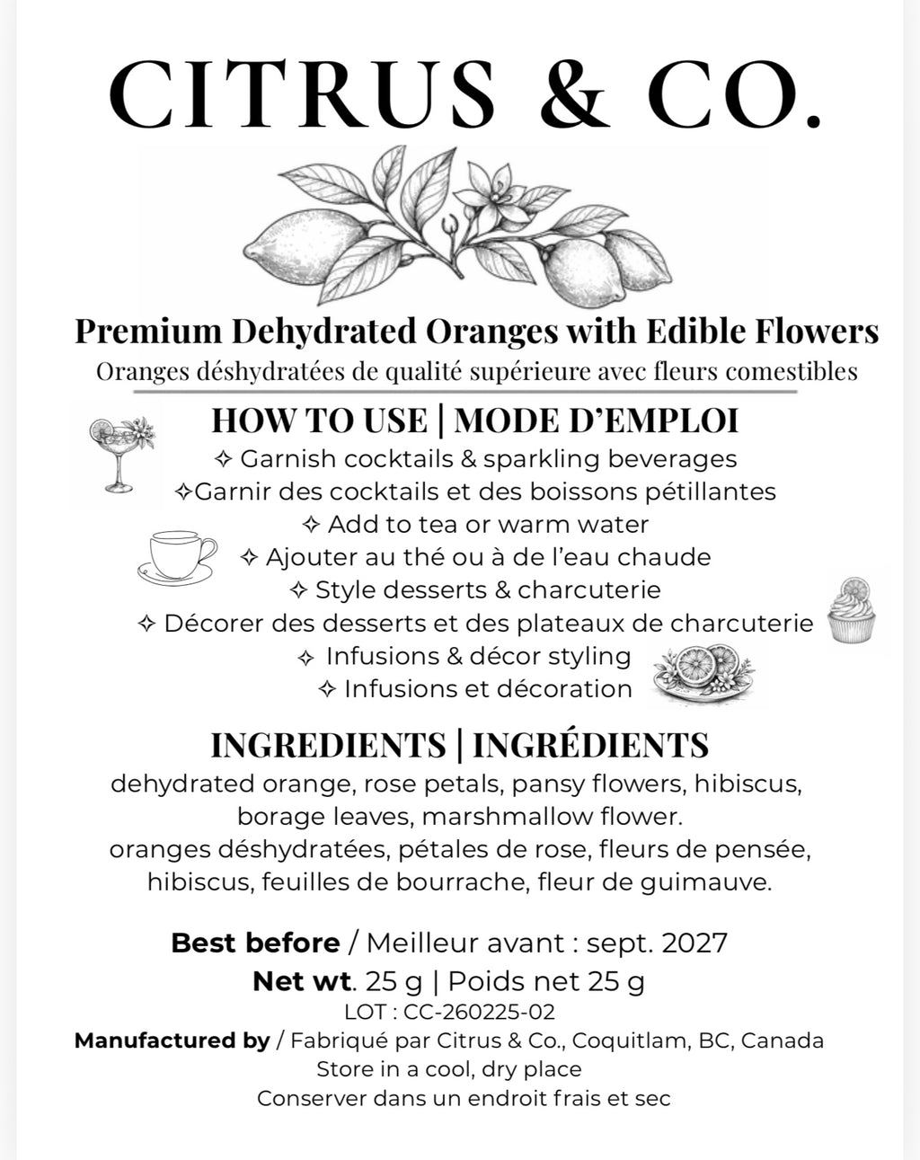 Luxury Dehydrated Orange Garnish with Edible Flowers